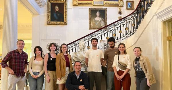 Tour group in the Hillwood Museum foyer with its beautiful paintings and objets d'art.