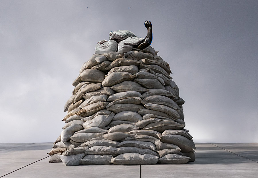 Noel Kassewitz, O'er the ramparts we watched, waiting, 2024. Raised fist emerging from pile of sandbags