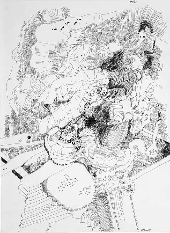 Bruce and Jean Conner, UNTITLED, 1962. Abstract sketch of intersecting landscape, architectural, and insect-like forms