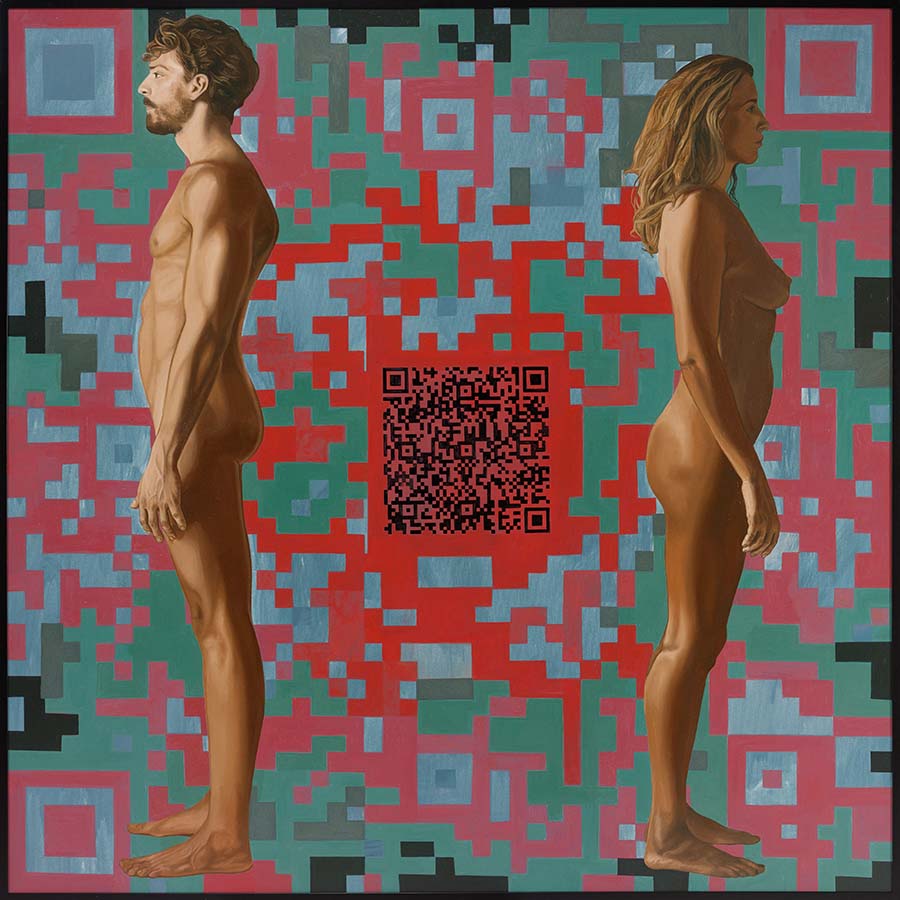 Vladislav Scepanovic, Adam and Eve, 2020. Male and female nudes facing away from each other in front of a stylized QR code