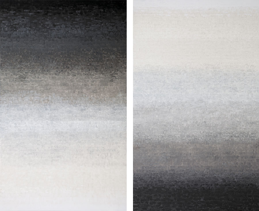 Pegan Brook, S-348 and S-349, 2024. Oil on canvas, 84 x 50 inches. Opposing black and white gradients. 