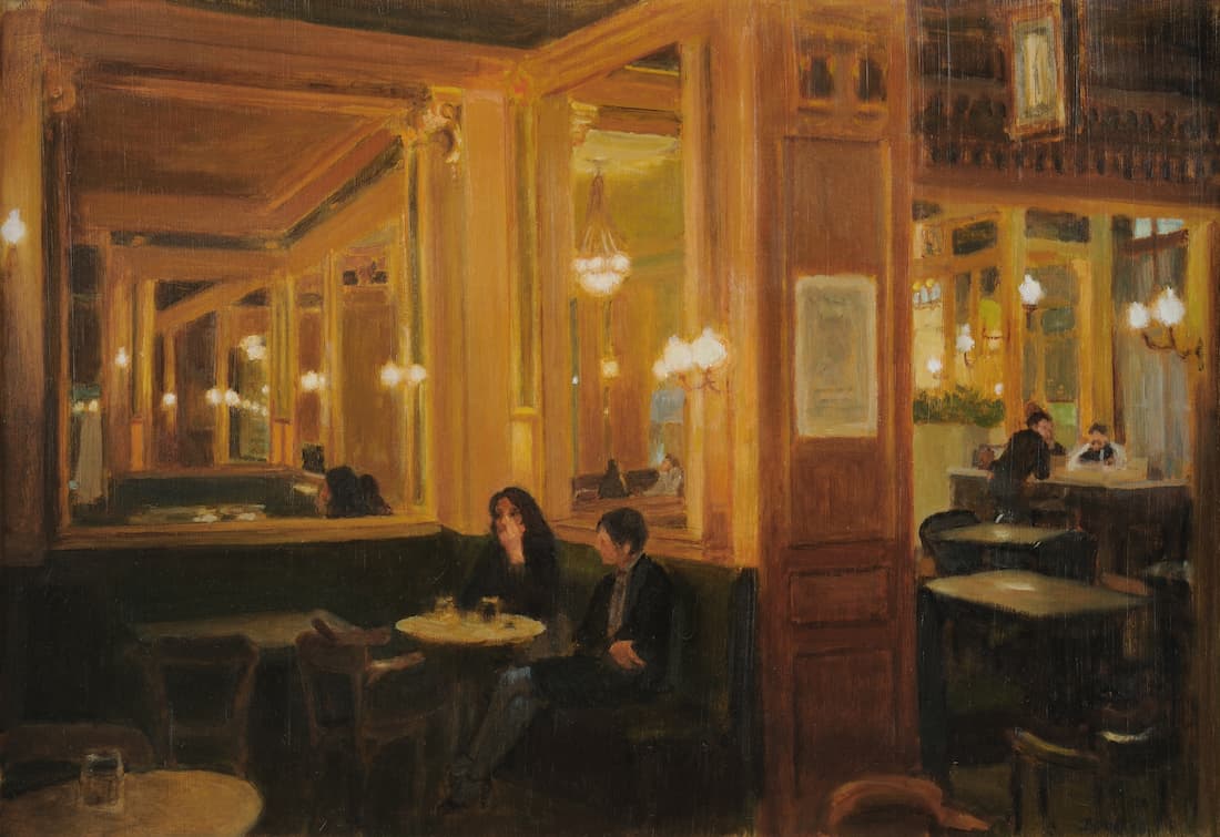 Jack Boul, Reflections (a painting of diners in a well-lit restaurant with many mirrors at night)