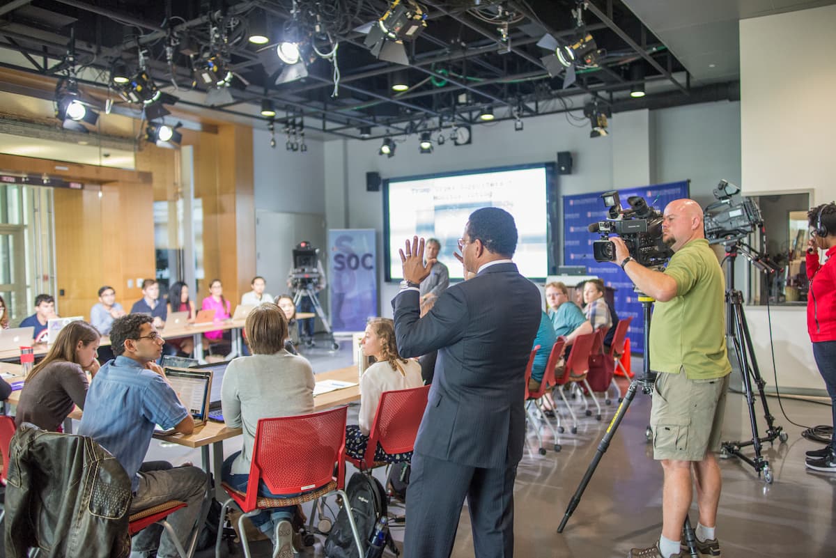 Bruce Johnson gives a lecture to American University students in the School of Communication