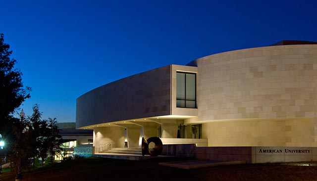 Katzen Arts Center at night