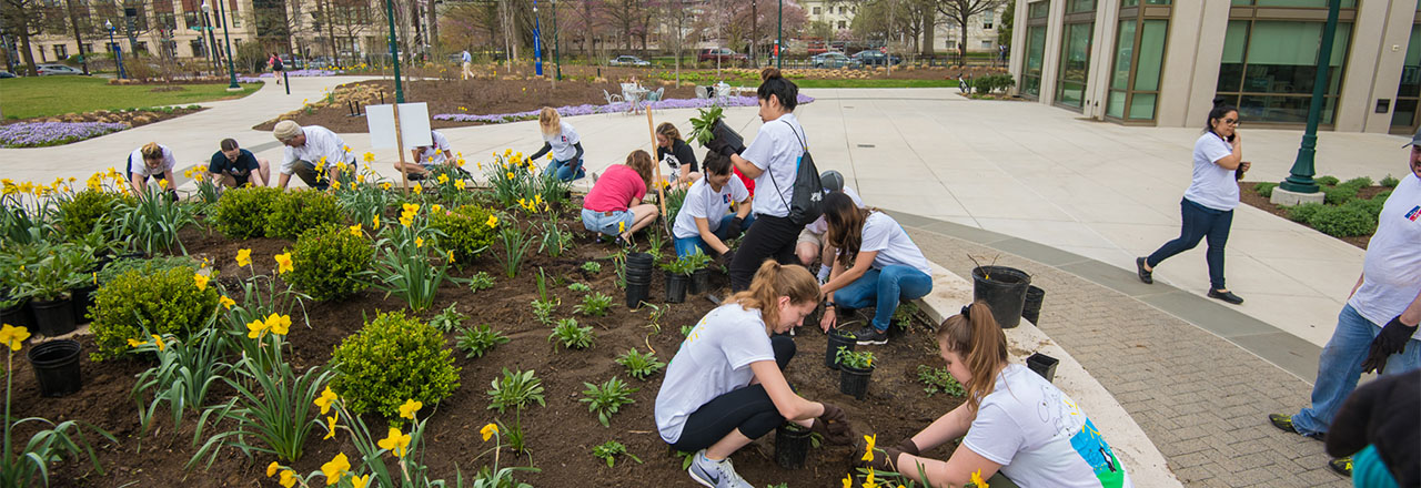 People working the AU gardens as part of Campus Beautification Day