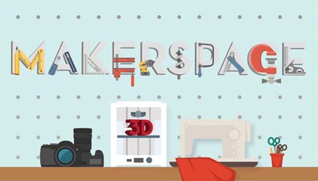 Makerspace text with various technology tools