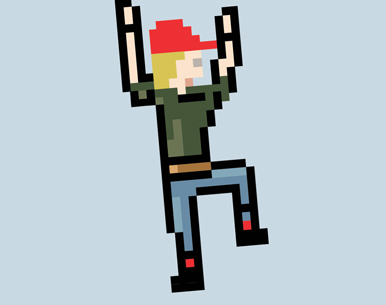 a pixelated man in a red hat climbs