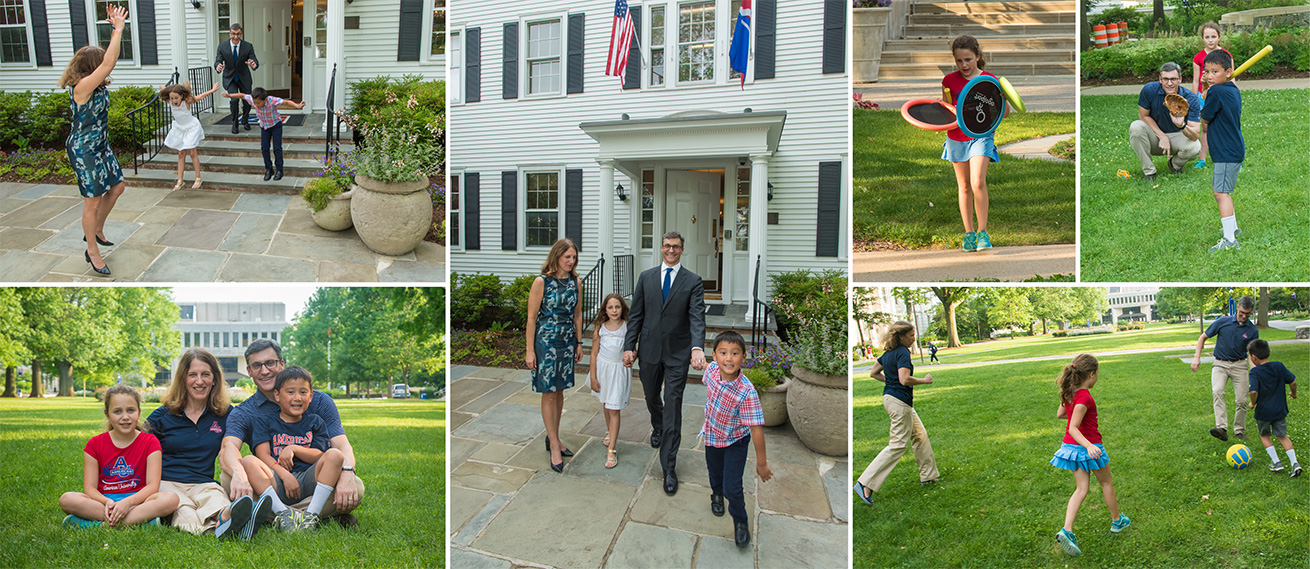 President Sylvia Burwell, her husband and two children playing and posing on the AU quad