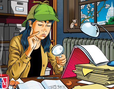 Woman uses magnifying glass to examine documents