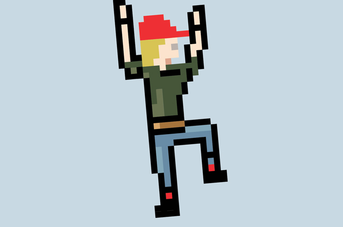 a pixelated man in a red hat climbs