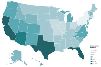 US map with states shaded by their congressional gains or losses since 1910