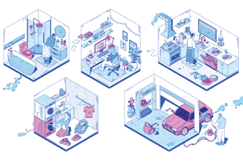 water usage in six different rooms of a house