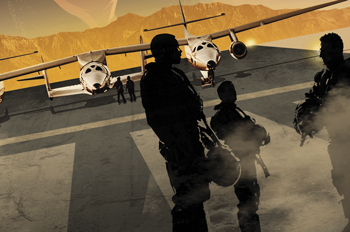 Pilots in pilot gear walk across a dusty runway with SpaceShipTwo in the background