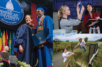 collage of students at commencement, in the science lab and volunteering