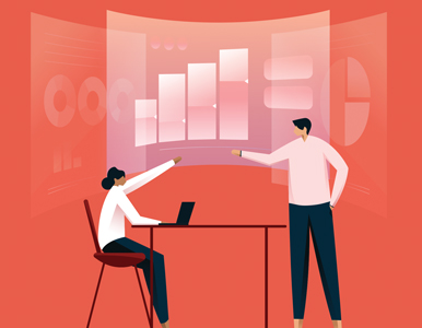 An illustrated teacher and student point to a bar graph