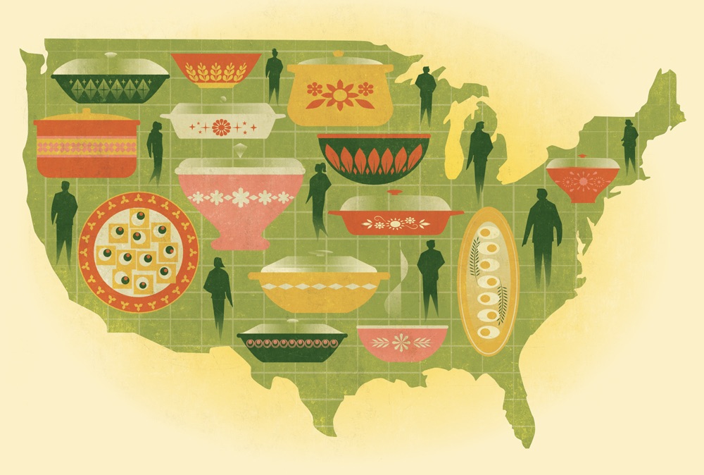 map of the US with casserole dishes over it