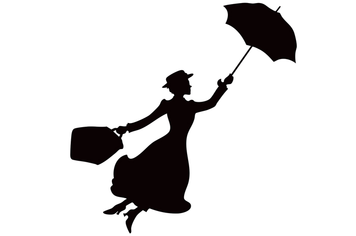 silhouette of Mary Poppins with an umbrella