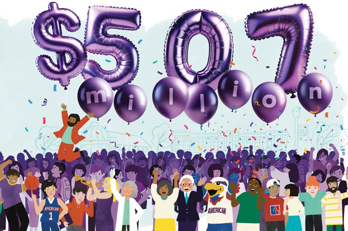 AU community members celebrate while holding balloons that say $507 million