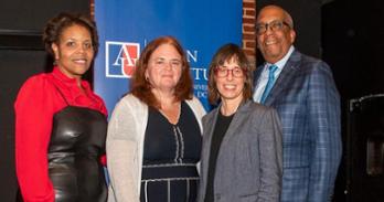 ITP Changemakers Award recipient Ann Cleveland, Prof. Diana Burley, Prof. Fiona Alexander, and last year's recipient Zach Tudor