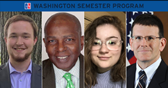 From left to right: Andrew Taber, WSP student from Emory University; Bill Cunningham, CEO and founder,  Creative Investment Research; Ashley Castell, WSP student and AU junior; and Dr. John Sherwood, US Navy historian.