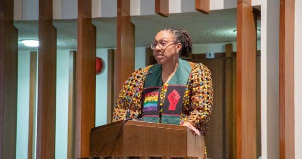 Rachel Livingston speaks at the Black History Month event in the Kay Spiritual Life Center. Photo by Julia Gibson. 