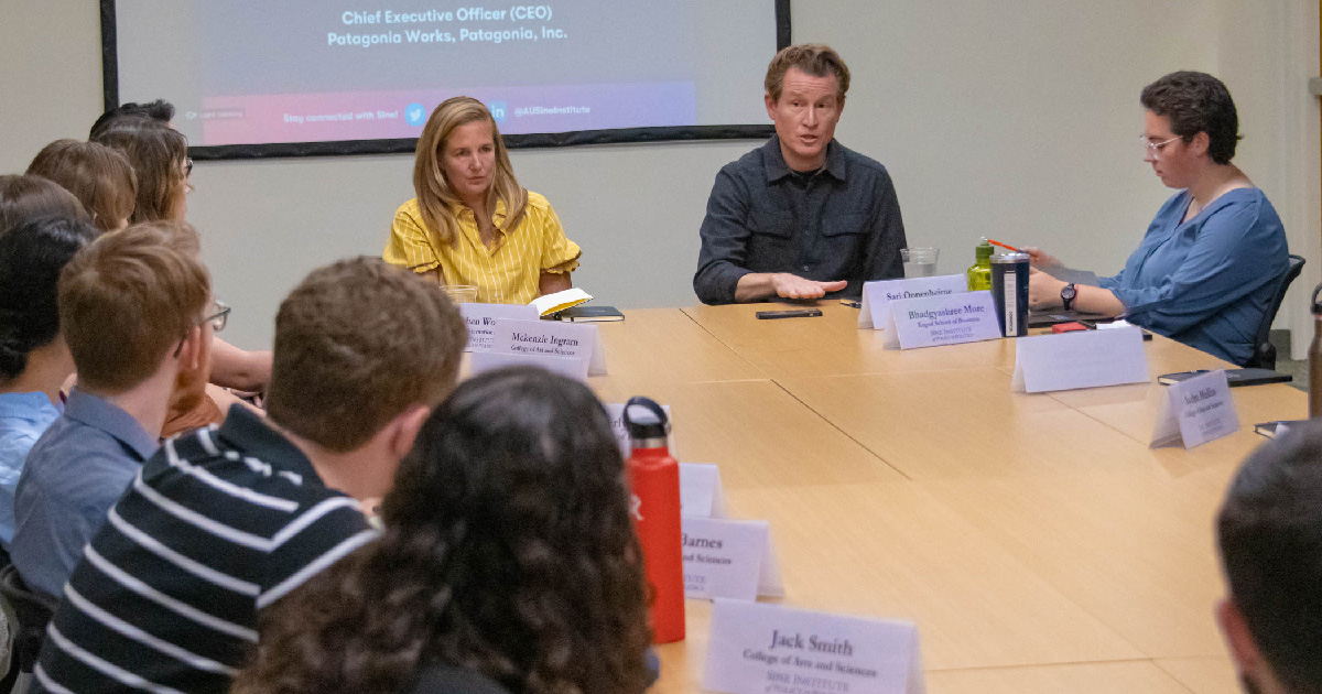 Patagonia CEO Ryan Gellert speaks to students as the 2022 Sine Institute Distinguished Lecturer.