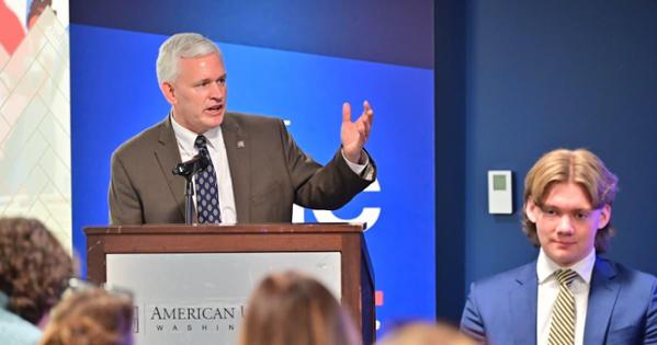 Jon Alger speaks during the Perspectives on the Civic Life Presidential Speaker Series event on February 25. Photo by Jeff Watts. 