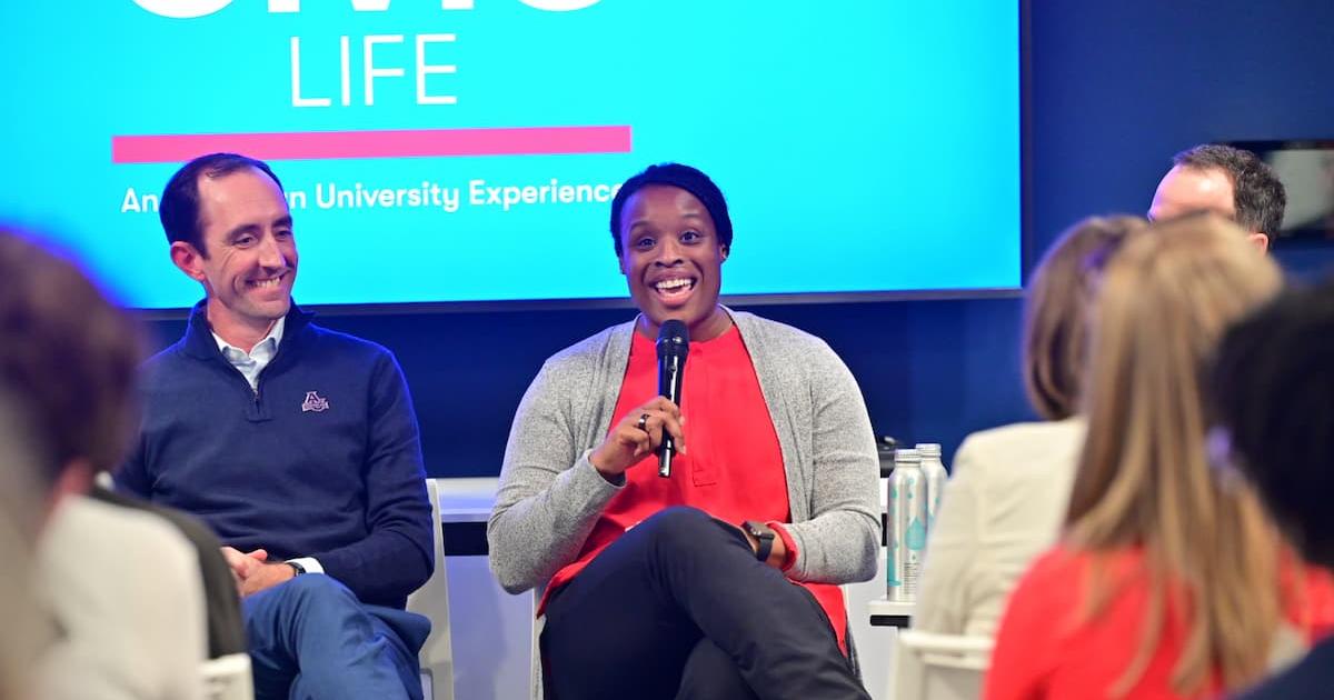 AU women's soccer head coach Marsha Harper speaks during a conversation about sports and civic life on February 25. Photo by Jeff Watts. 