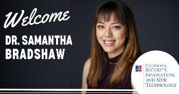 Headshot of Samantha Bradshaw with welcome banner