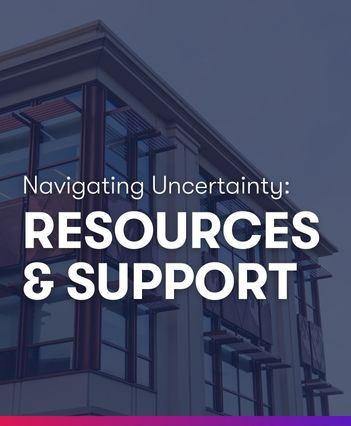 Navigating Uncertainty: Resources & Support against a dark background with the SIS Building.