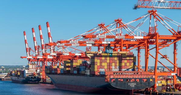 A container ship in the port of Newark