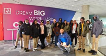 Students and teachers Mr. Zachary Larson and Mr. Chris Gray at the Katzen Arts Center where they attended an information session about attending American University hosted by Kevin Mondragon from AU admissions.