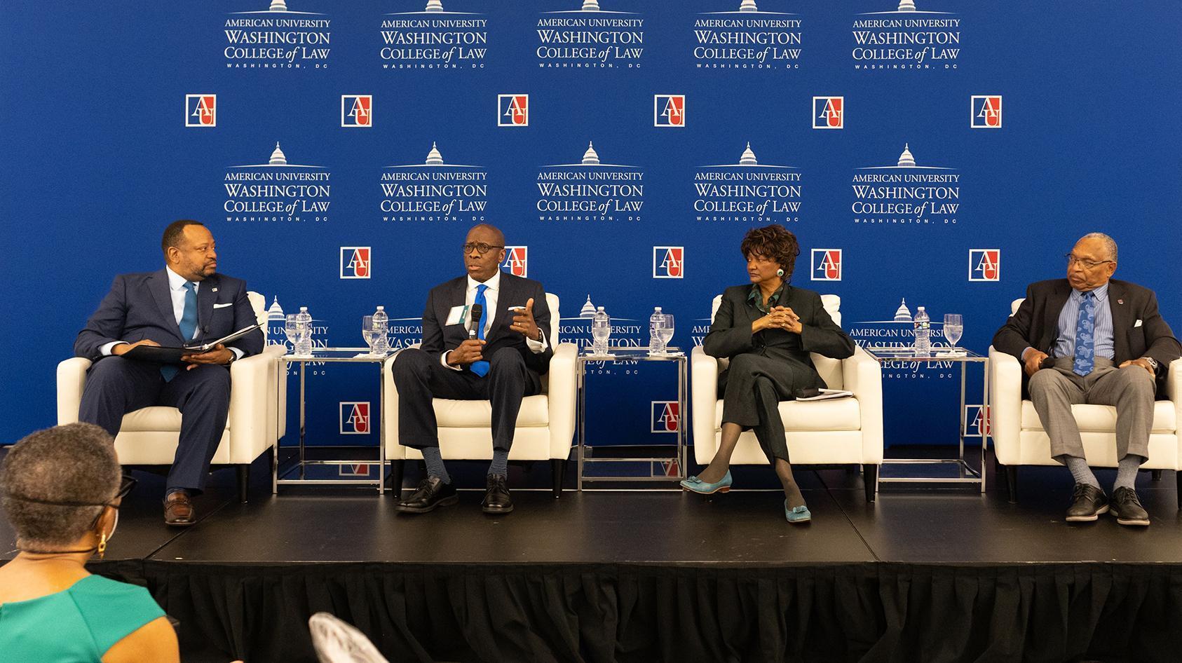 Left to right: Dean Fairfax, Judge Gerald Bruce Lee (Ret.) '76, Jaqueline Jackson '74, and Judge Reggie B. Walton '74